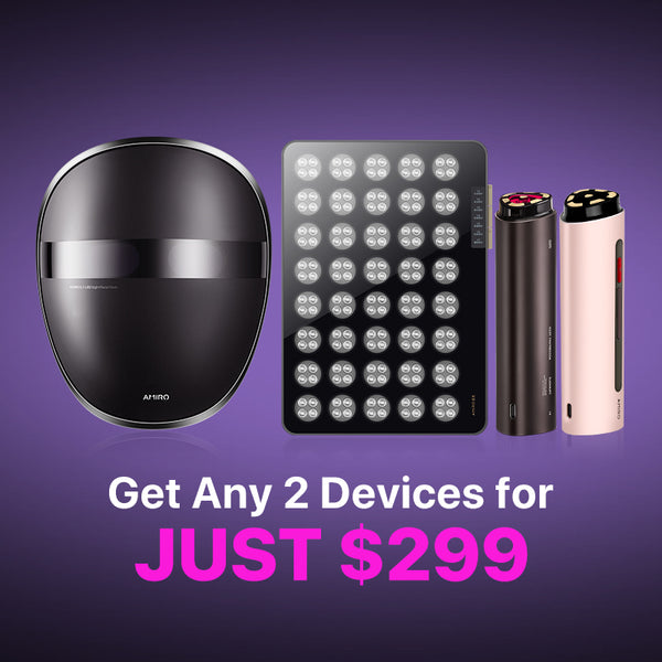 Pick 2 for $299: AMIRO Radio Frequency and Red Light Therapy skincare bundle featuring R1 Lift, R1 PRO, LumoMax, and L1 LED Light Therapy Mask, offering advanced North American tech for anti-aging and skin rejuvenation.