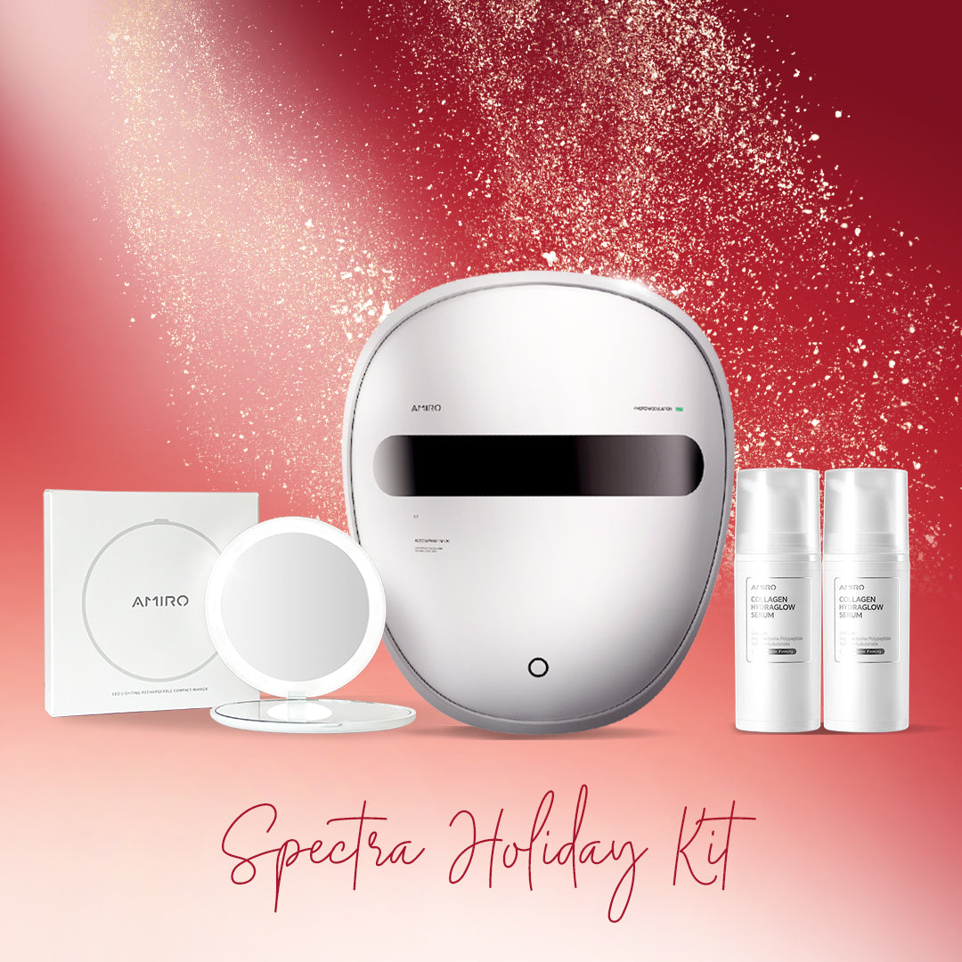 Spectra LED face mask holiday kit includes: Spectra 5-in-1 LED face mask, mini led make up mirror, collagen hydraglow serum x2